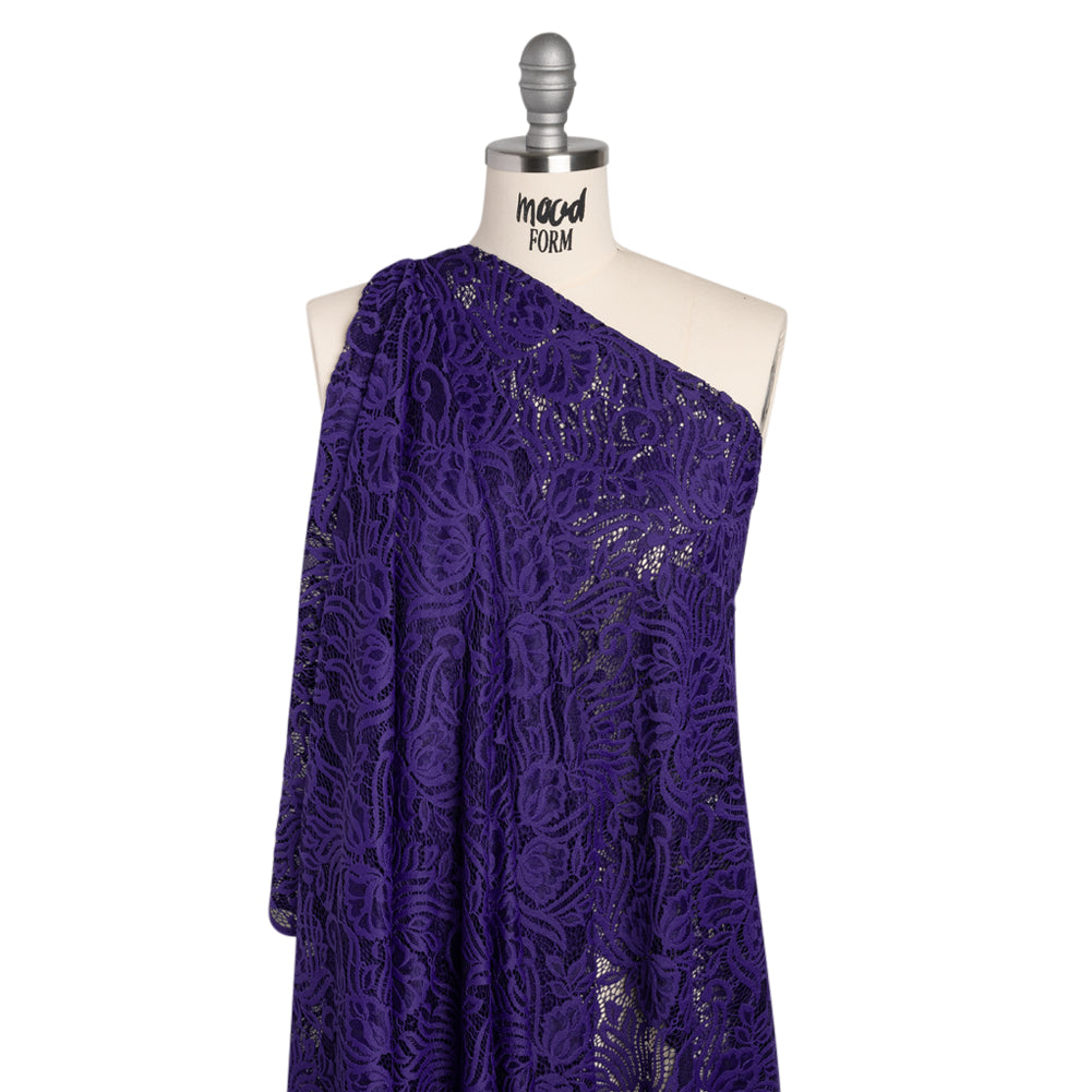 Re-Embroidered Stretch Lace with Finished Edges - Sweet Berry Blue Blossom Trios and Leaves - Tatiana Collection - Drape