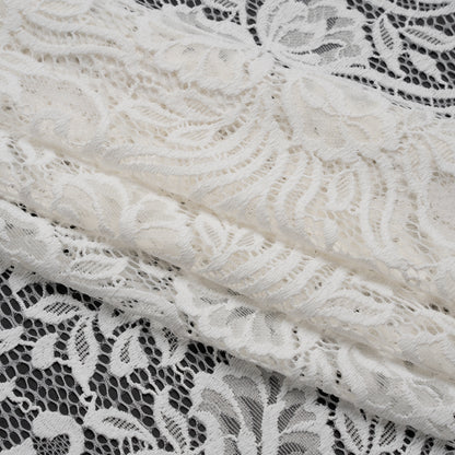 Re-Embroidered Stretch Lace with Finished Edges - Ivory Blossom Trios and Leaves - Tatiana Collection