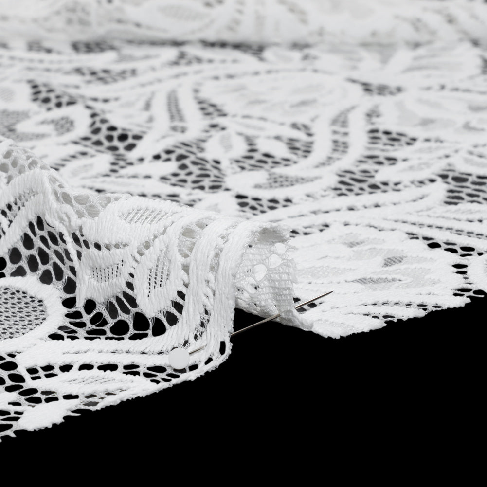 Re-Embroidered Stretch Lace with Finished Edges - Ivory Blossom Trios and Leaves - Tatiana Collection - Detail