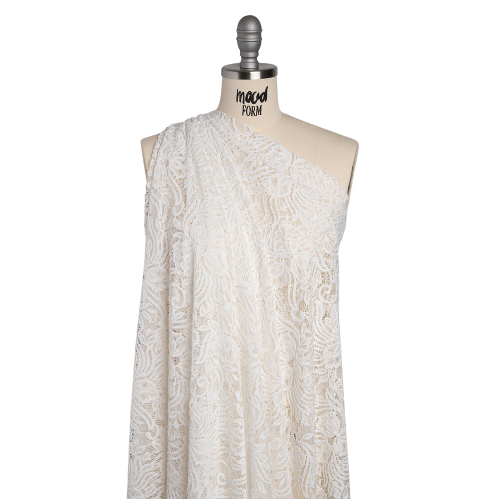 Re-Embroidered Stretch Lace with Finished Edges - Ivory Blossom Trios and Leaves - Tatiana Collection - Drape