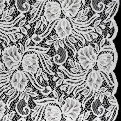 Re-Embroidered Stretch Lace with Finished Edges - Ivory Blossom Trios and Leaves - Tatiana Collection