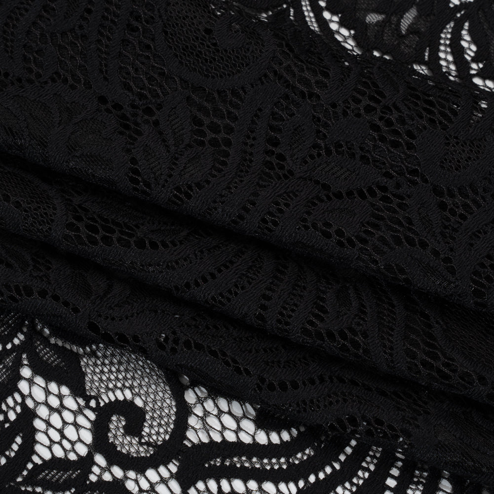 Re-Embroidered Stretch Lace with Finished Edges - Black Blossom Trios and Leaves - Tatiana Collection - Folded