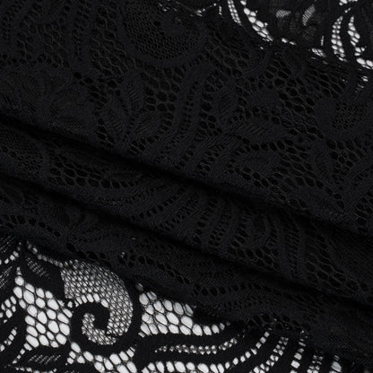 Re-Embroidered Stretch Lace with Finished Edges - Black Blossom Trios and Leaves - Tatiana Collection