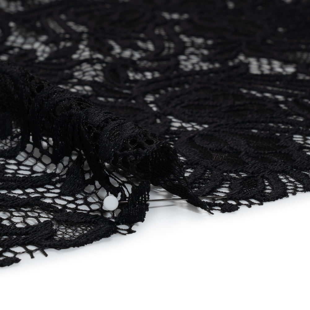 Re-Embroidered Stretch Lace with Finished Edges - Black Blossom Trios and Leaves - Tatiana Collection - Detail