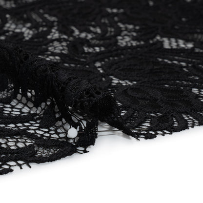 Re-Embroidered Stretch Lace with Finished Edges - Black Blossom Trios and Leaves - Tatiana Collection