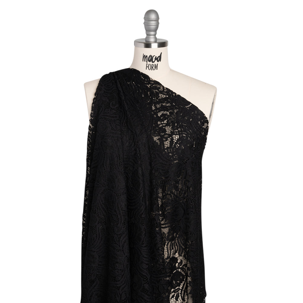 Re-Embroidered Stretch Lace with Finished Edges - Black Blossom Trios and Leaves - Tatiana Collection - Drape