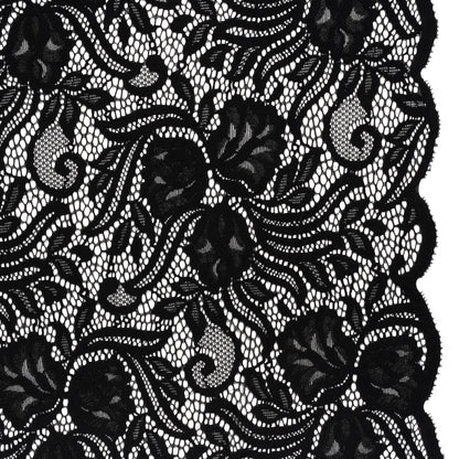 Re-Embroidered Stretch Lace with Finished Edges - Black Blossom Trios and Leaves - Tatiana Collection