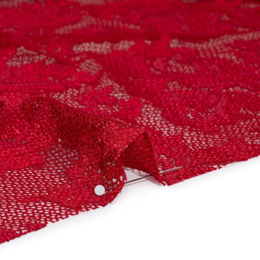 Stretch Raschel Lace with Finished Edges - Valentino Red Ornate Floral - Detail