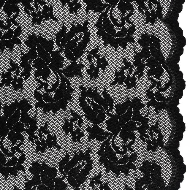 Stretch Raschel Lace with Finished Edges - Black Ornate Floral