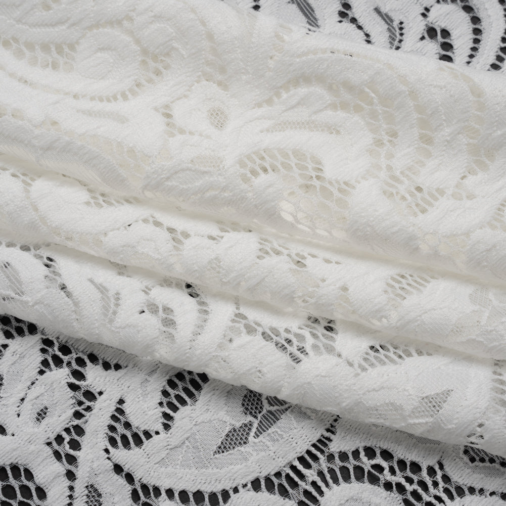 Stretch Re-Embroidered Lace with Finished Edges - Ivory Paisley Leaves and Florals - Folded