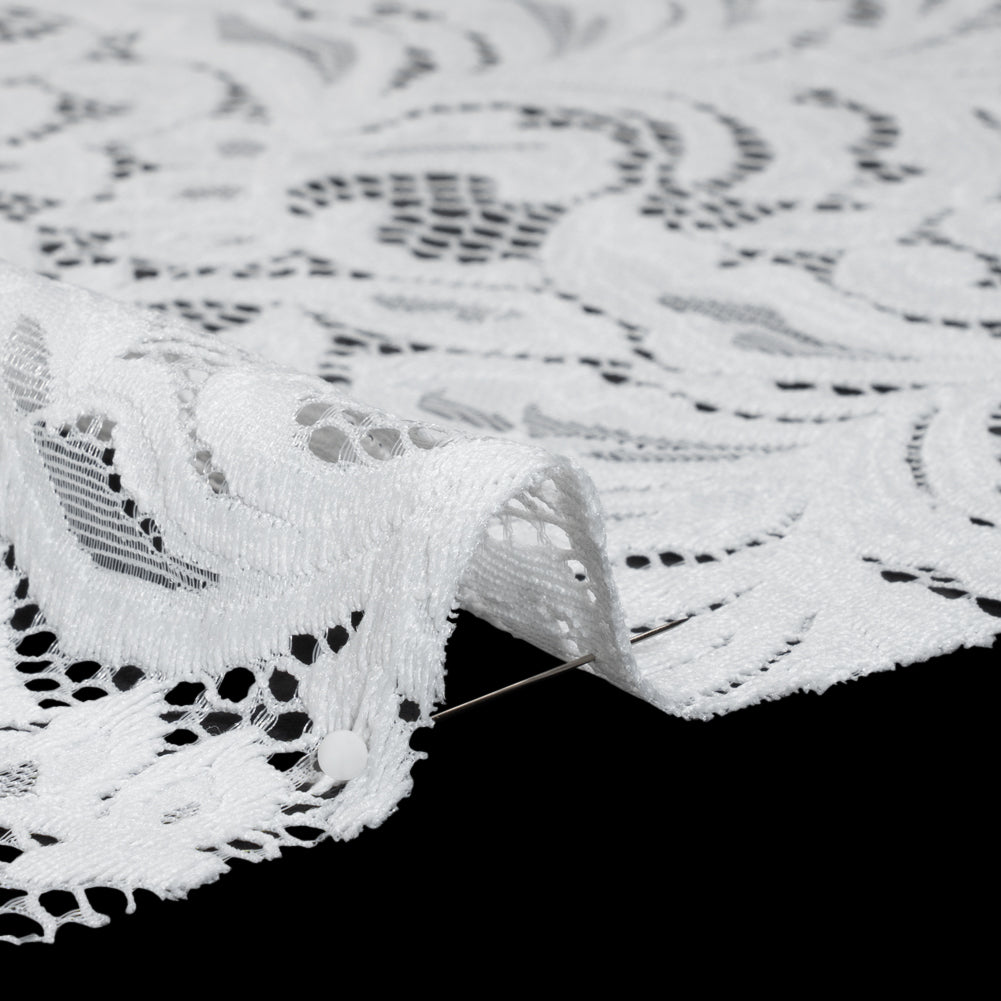 Stretch Re-Embroidered Lace with Finished Edges - Ivory Paisley Leaves and Florals - Detail