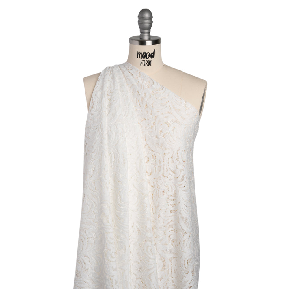 Stretch Re-Embroidered Lace with Finished Edges - Ivory Paisley Leaves and Florals - Drape