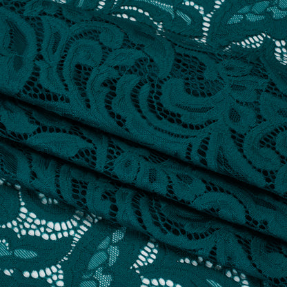 Stretch Re-Embroidered Lace with Finished Edges - Teal Paisley Leaves and Florals