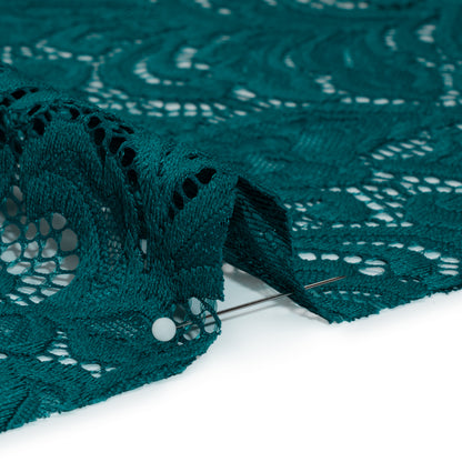 Stretch Re-Embroidered Lace with Finished Edges - Teal Paisley Leaves and Florals