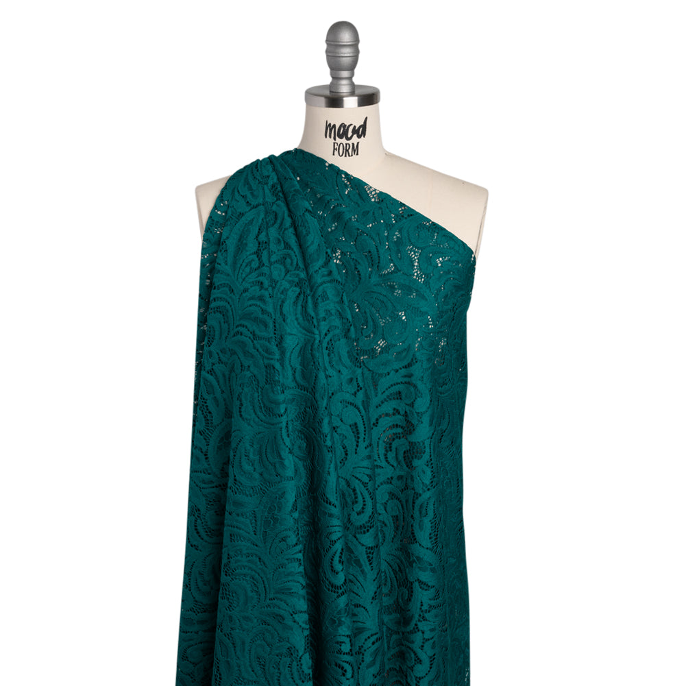 Stretch Re-Embroidered Lace with Finished Edges - Teal Paisley Leaves and Florals - Drape
