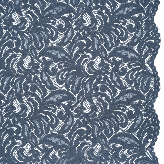 Stretch Re-Embroidered Lace with Finished Edges - True Indigo Paisley Leaves and Florals