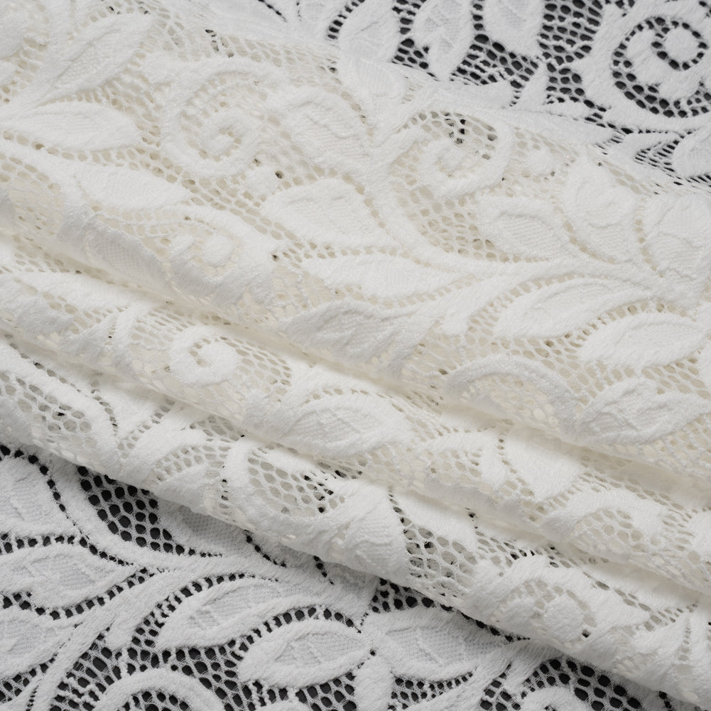 Stretch Re-Embroidered Lace with Finished Edges - Ivory Curling Leafy Stems - Folded