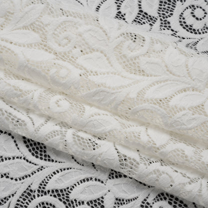 Stretch Re-Embroidered Lace with Finished Edges - Ivory Curling Leafy Stems