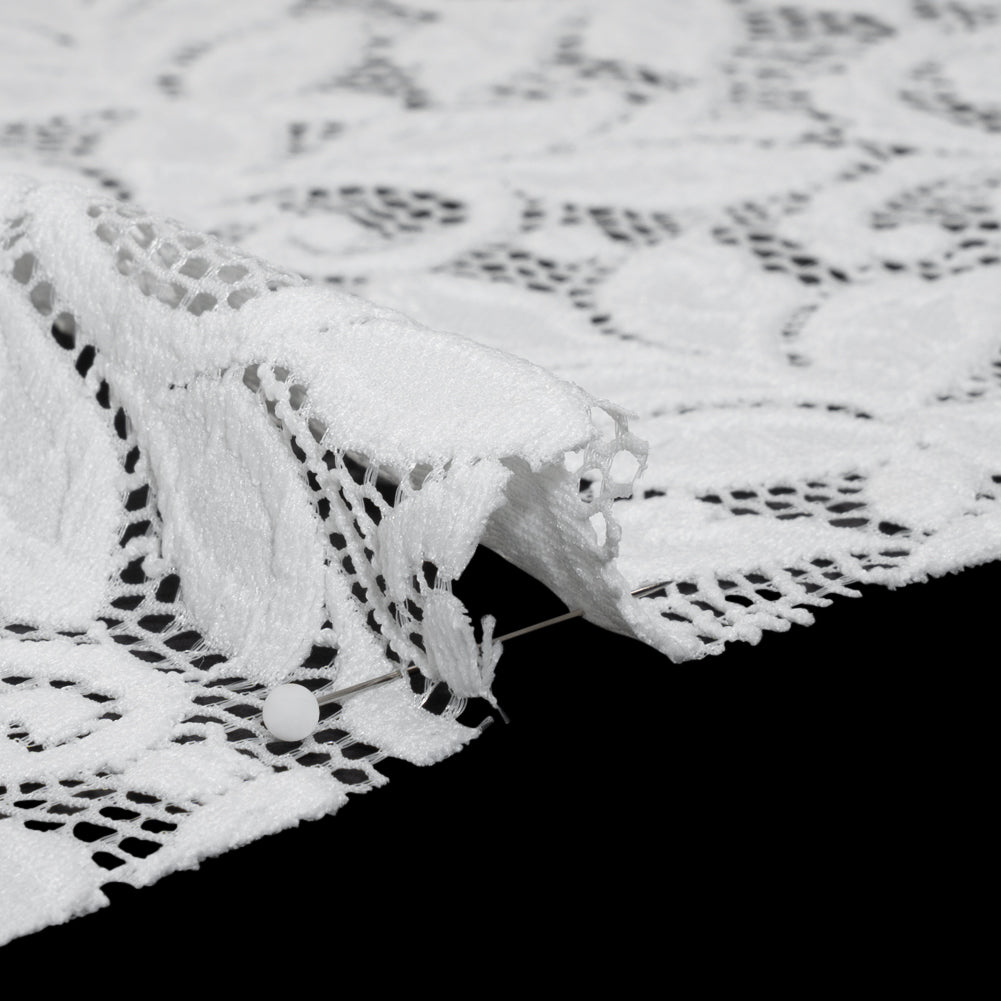 Stretch Re-Embroidered Lace with Finished Edges - Ivory Curling Leafy Stems - Detail