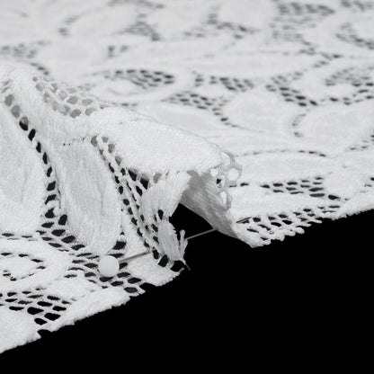 Stretch Re-Embroidered Lace with Finished Edges - Ivory Curling Leafy Stems