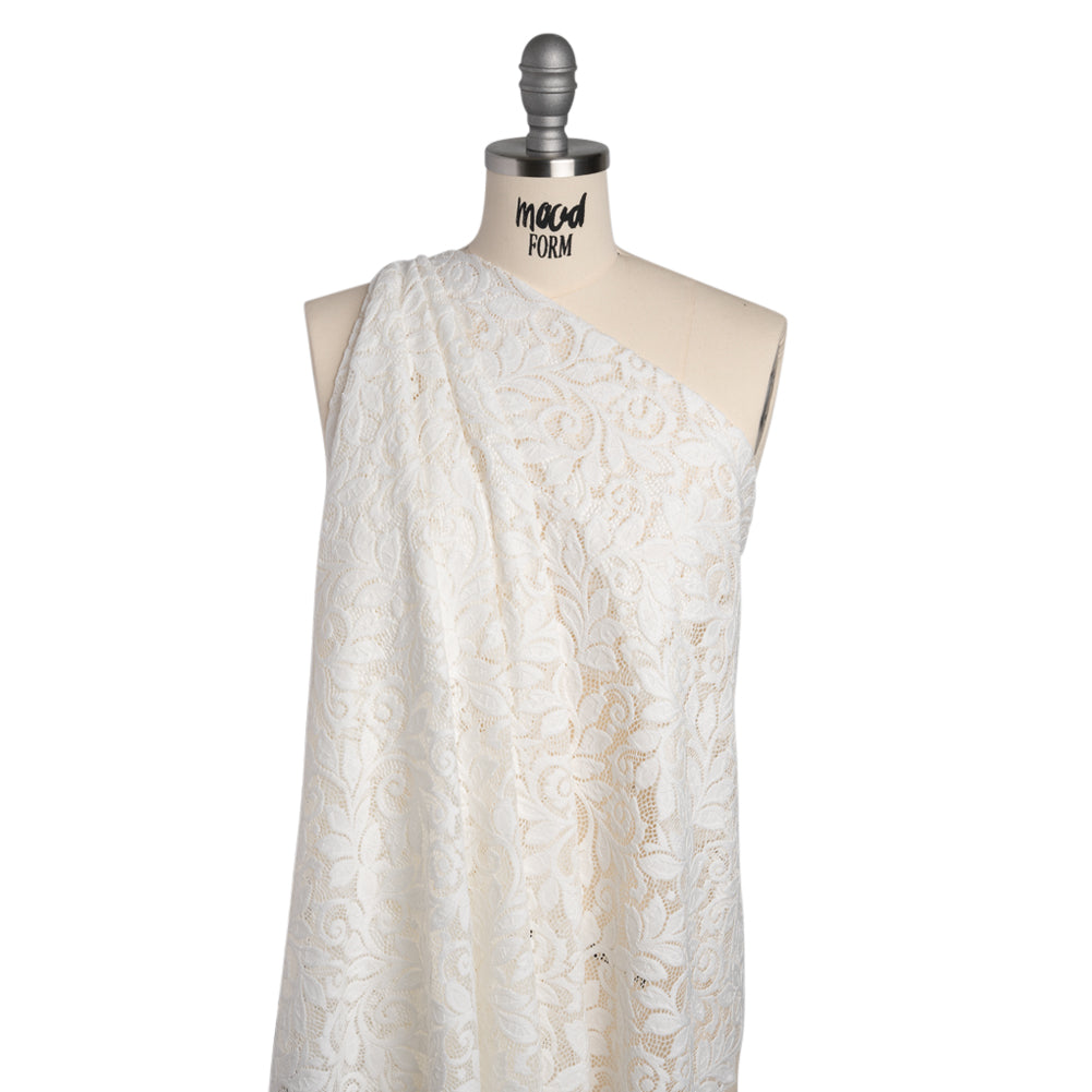 Stretch Re-Embroidered Lace with Finished Edges - Ivory Curling Leafy Stems - Drape