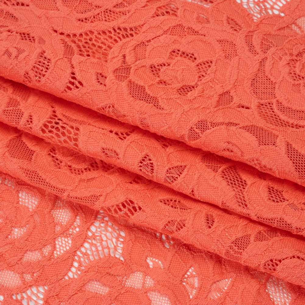 Stretch Re-Embroidered Lace with Finished Edges - Deep Sea Coral All-Over Roses - Folded