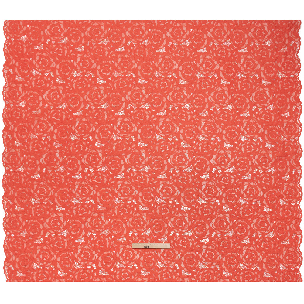 Stretch Re-Embroidered Lace with Finished Edges - Deep Sea Coral All-Over Roses - Full