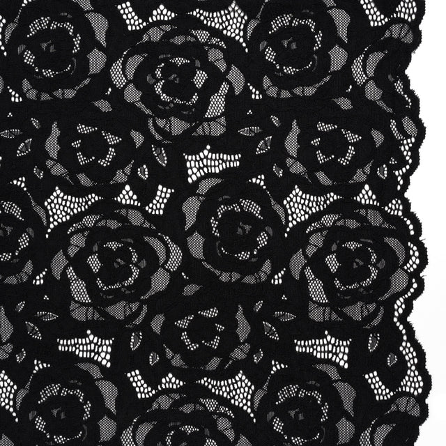 Stretch Re-Embroidered Lace with Finished Edges - Black All-Over Roses