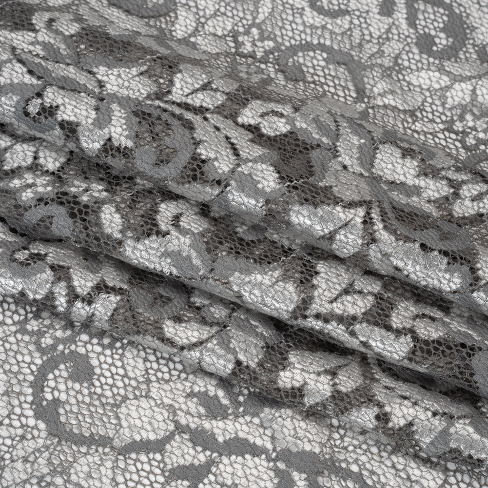 Stretch Raschel Lace with Finished Scalloped Edges - Luminous Silver and Gray Flowers, Leaves and Swirls - Crina Collection - Folded