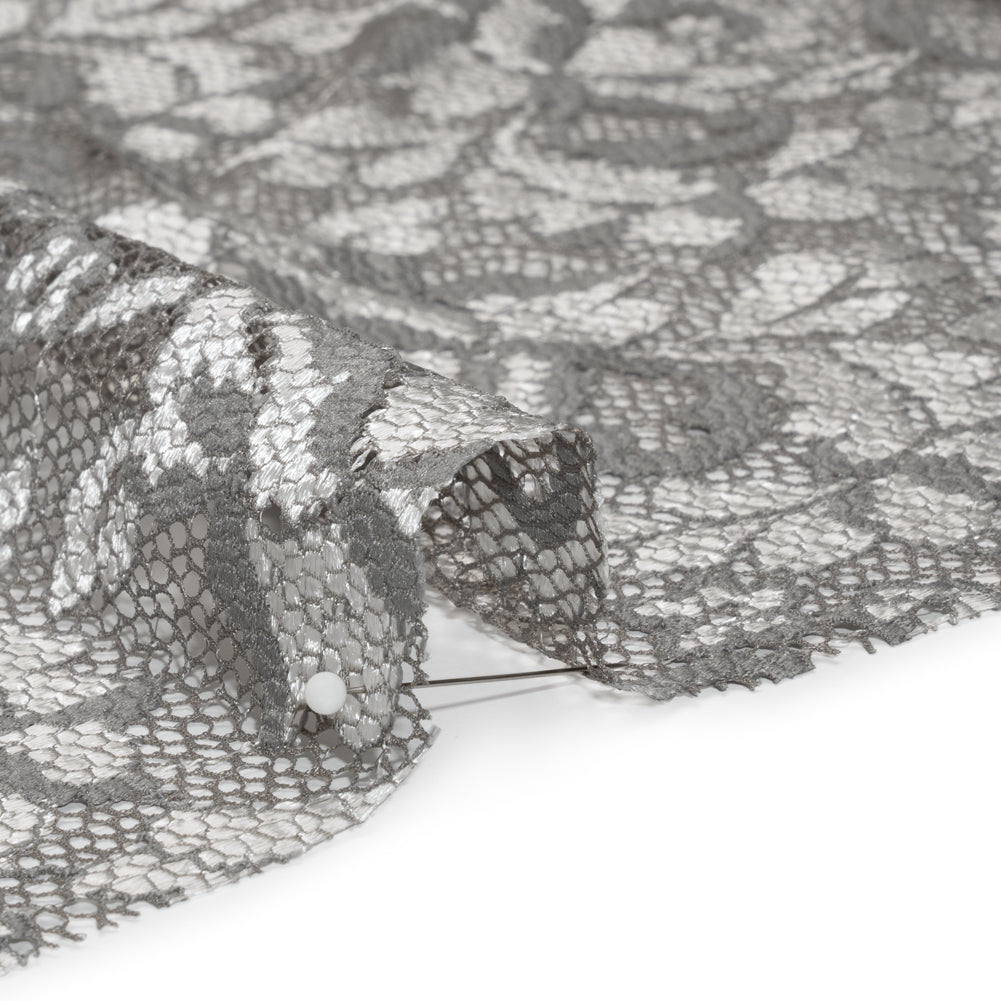 Stretch Raschel Lace with Finished Scalloped Edges - Luminous Silver and Gray Flowers, Leaves and Swirls - Crina Collection - Detail