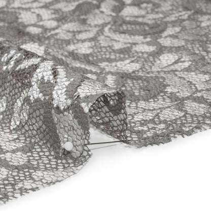 Stretch Raschel Lace with Finished Scalloped Edges - Luminous Silver and Gray Flowers, Leaves and Swirls - Crina Collection