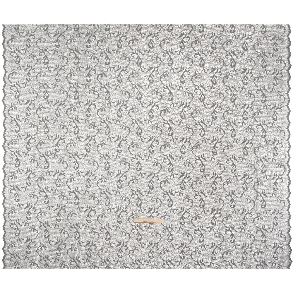 Stretch Raschel Lace with Finished Scalloped Edges - Luminous Silver and Gray Flowers, Leaves and Swirls - Crina Collection - Full