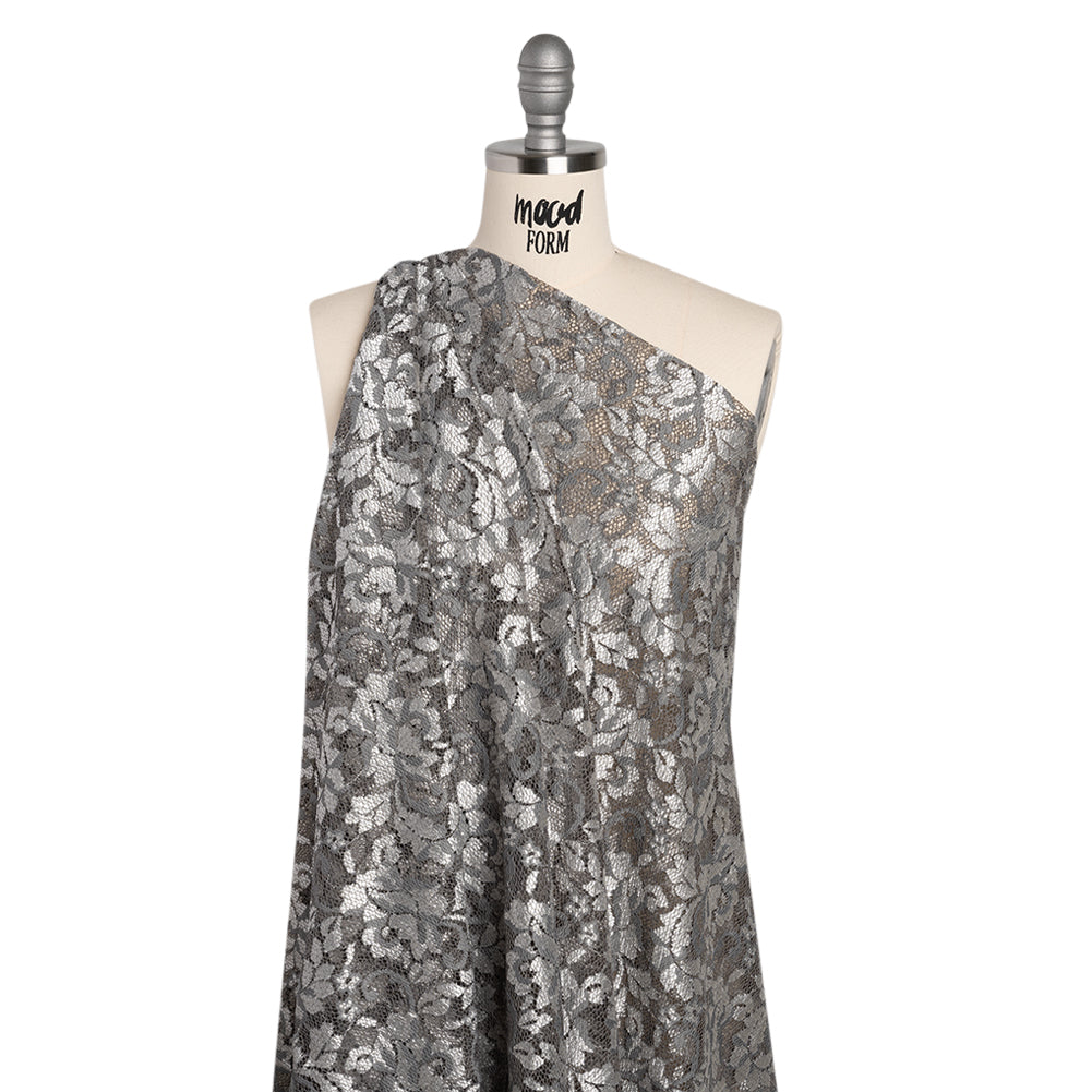 Stretch Raschel Lace with Finished Scalloped Edges - Luminous Silver and Gray Flowers, Leaves and Swirls - Crina Collection - Drape