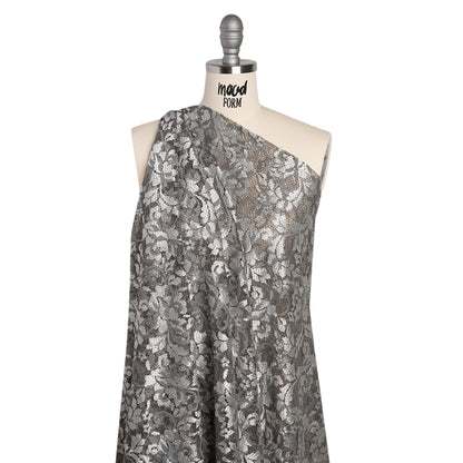Stretch Raschel Lace with Finished Scalloped Edges - Luminous Silver and Gray Flowers, Leaves and Swirls - Crina Collection