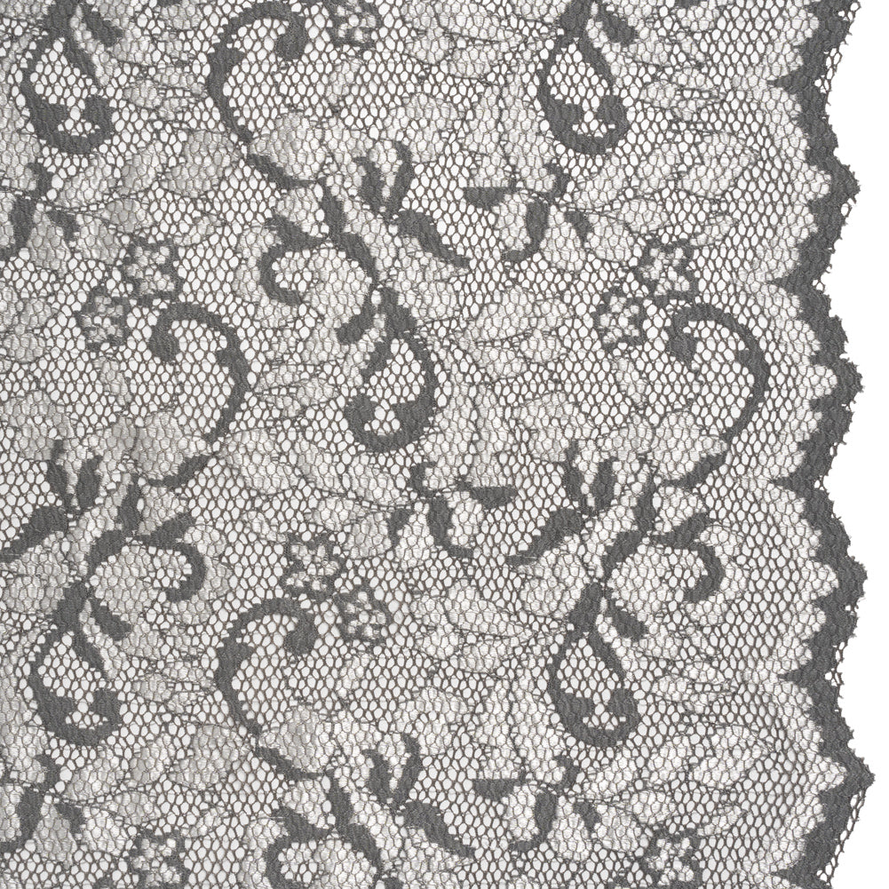 Stretch Raschel Lace with Finished Scalloped Edges - Luminous Silver and Gray Flowers, Leaves and Swirls - Crina Collection