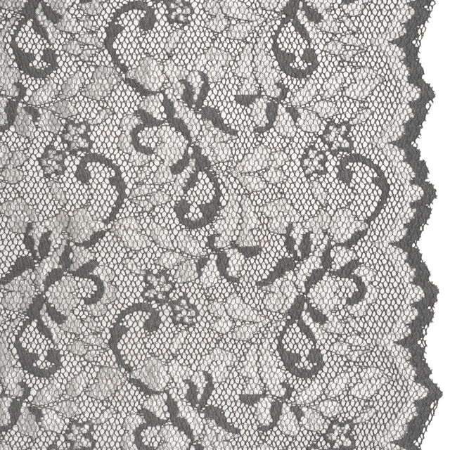Stretch Raschel Lace with Finished Scalloped Edges - Luminous Silver and Gray Flowers, Leaves and Swirls - Crina Collection