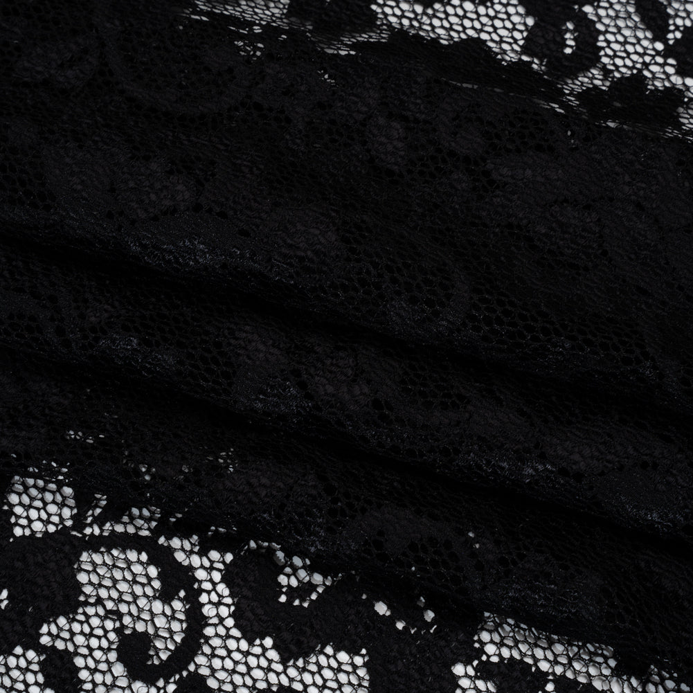 Stretch Raschel Lace with Finished Scalloped Edges - Black Flowers, Leaves and Swirls - Crina Collection - Folded