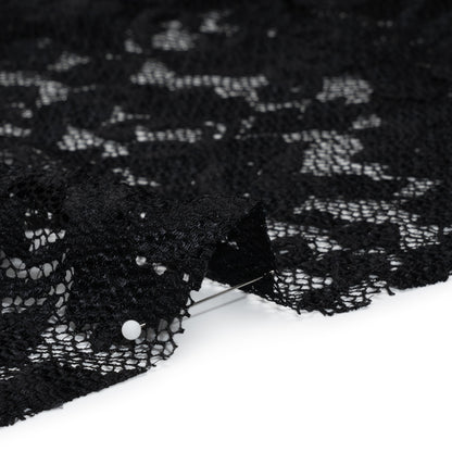 Stretch Raschel Lace with Finished Scalloped Edges - Black Flowers, Leaves and Swirls - Crina Collection