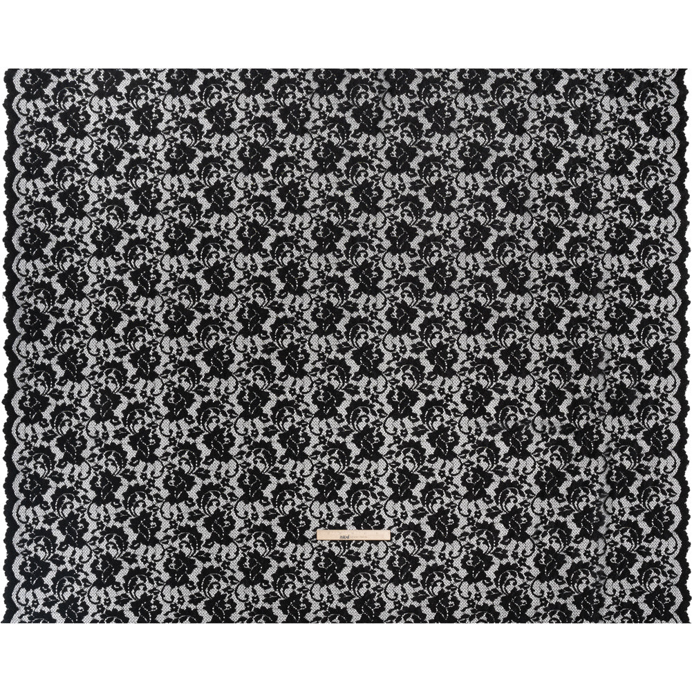 Stretch Raschel Lace with Finished Scalloped Edges - Black Flowers, Leaves and Swirls - Crina Collection - Full