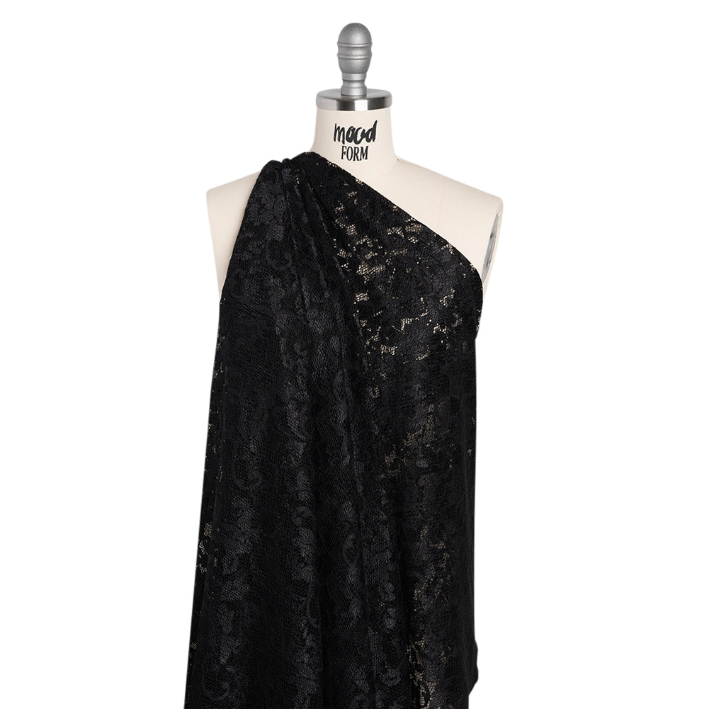 Stretch Raschel Lace with Finished Scalloped Edges - Black Flowers, Leaves and Swirls - Crina Collection - Drape