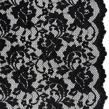 Stretch Raschel Lace with Finished Scalloped Edges - Black Flowers, Leaves and Swirls - Crina Collection