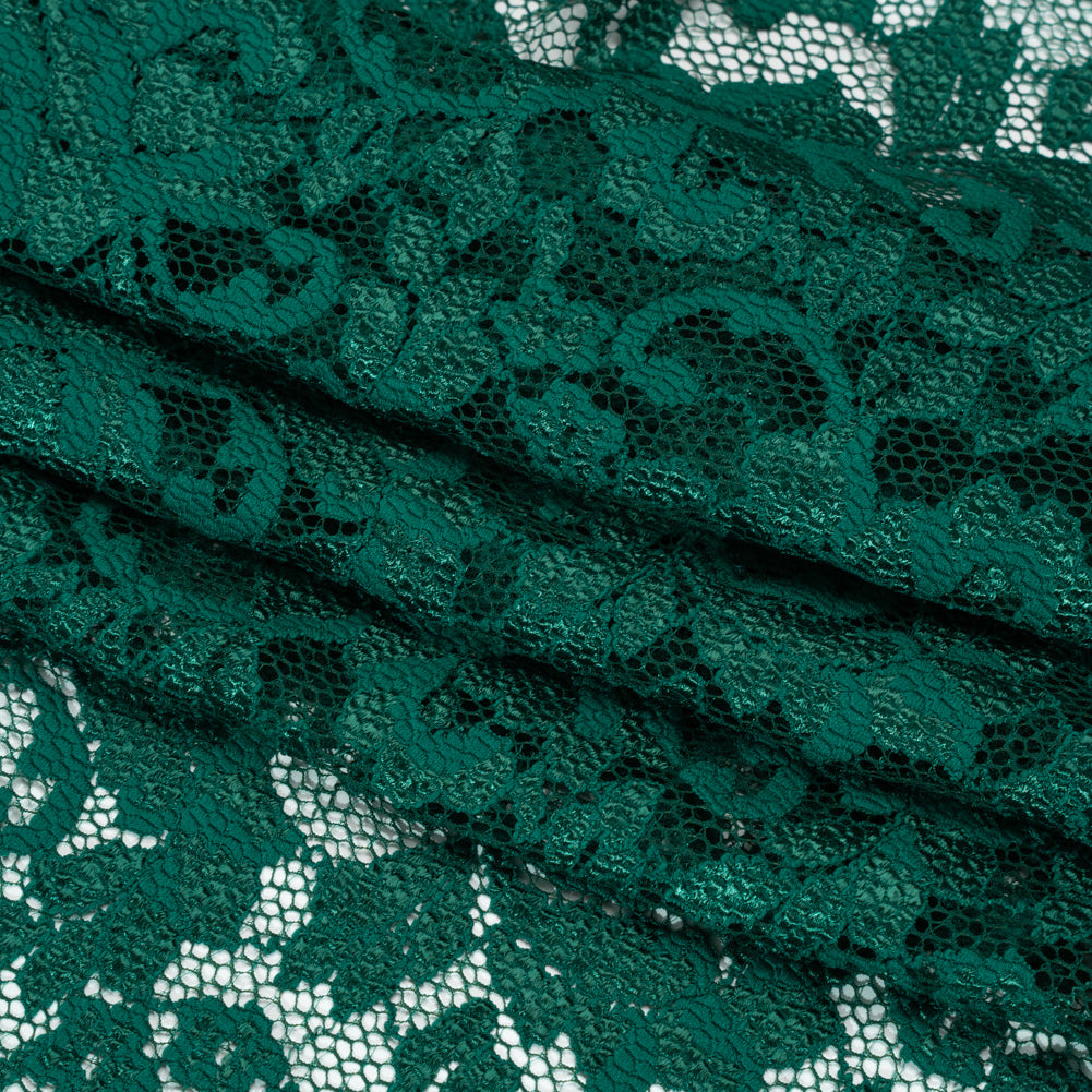 Stretch Raschel Lace with Finished Scalloped Edges - Luminous Emerald Green Flowers, Leaves and Swirls - Crina Collection - Folded