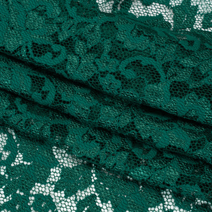 Stretch Raschel Lace with Finished Scalloped Edges - Luminous Emerald Green Flowers, Leaves and Swirls - Crina Collection