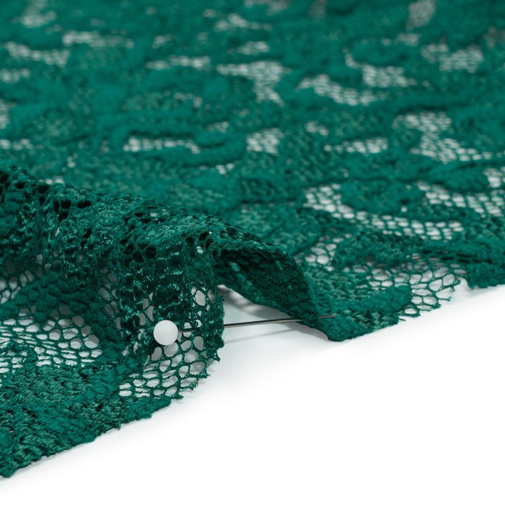 Stretch Raschel Lace with Finished Scalloped Edges - Luminous Emerald Green Flowers, Leaves and Swirls - Crina Collection - Detail