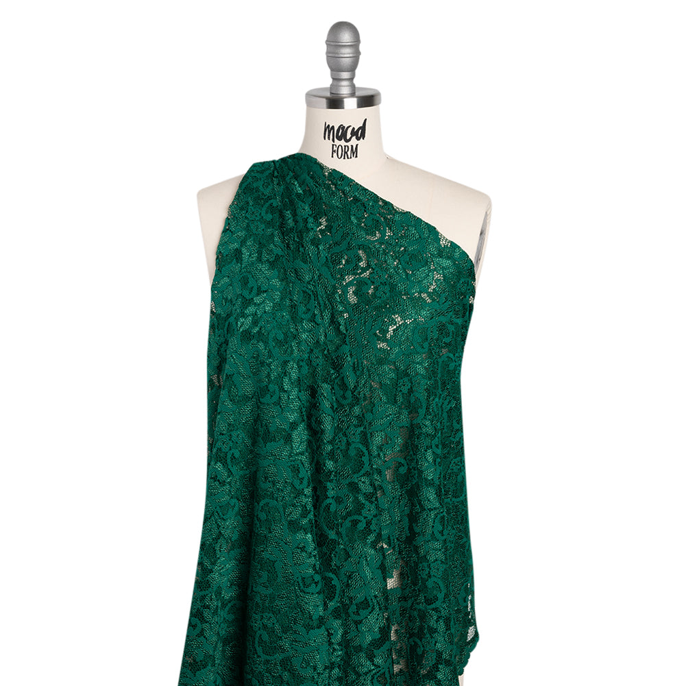 Stretch Raschel Lace with Finished Scalloped Edges - Luminous Emerald Green Flowers, Leaves and Swirls - Crina Collection - Drape