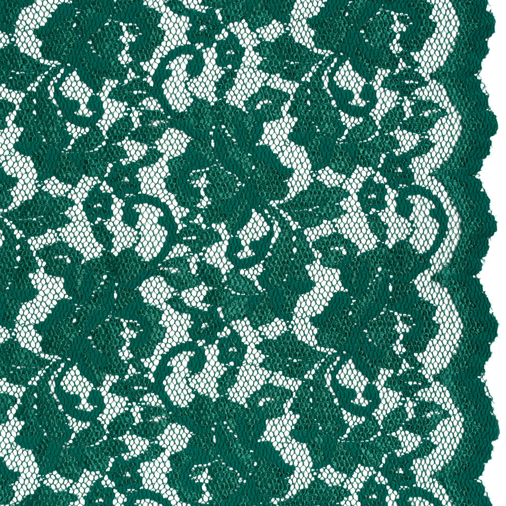 Stretch Raschel Lace with Finished Scalloped Edges - Luminous Emerald Green Flowers, Leaves and Swirls - Crina Collection