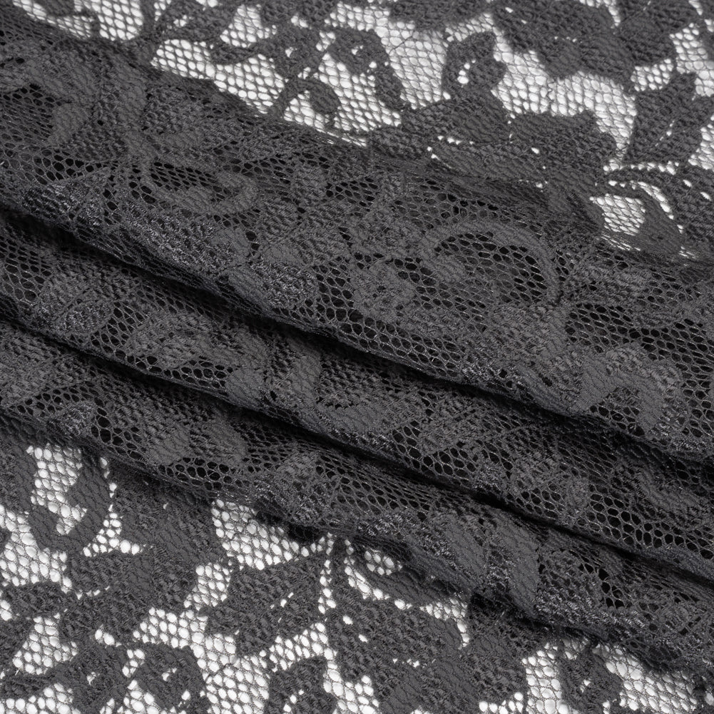 Stretch Raschel Lace with Finished Scalloped Edges - Luminous Gunmetal Gray Flowers, Leaves and Swirls - Crina Collection - Folded
