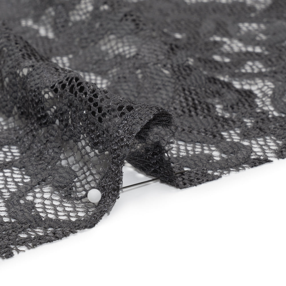 Stretch Raschel Lace with Finished Scalloped Edges - Luminous Gunmetal Gray Flowers, Leaves and Swirls - Crina Collection - Detail