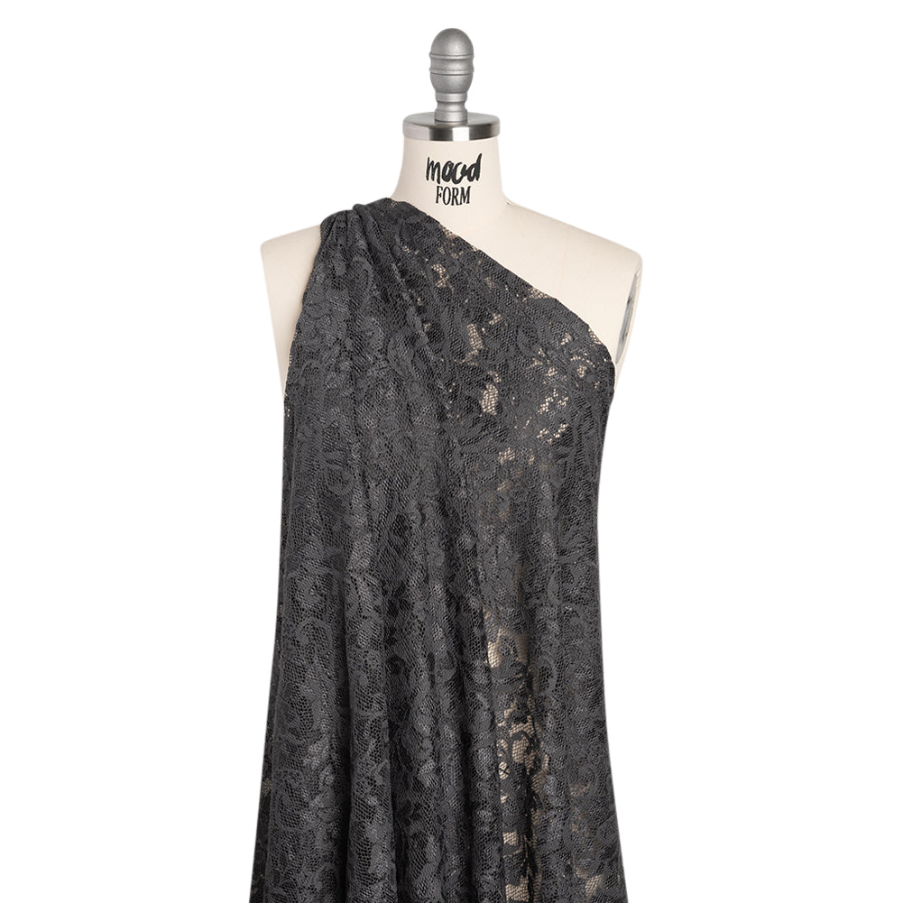 Stretch Raschel Lace with Finished Scalloped Edges - Luminous Gunmetal Gray Flowers, Leaves and Swirls - Crina Collection - Drape