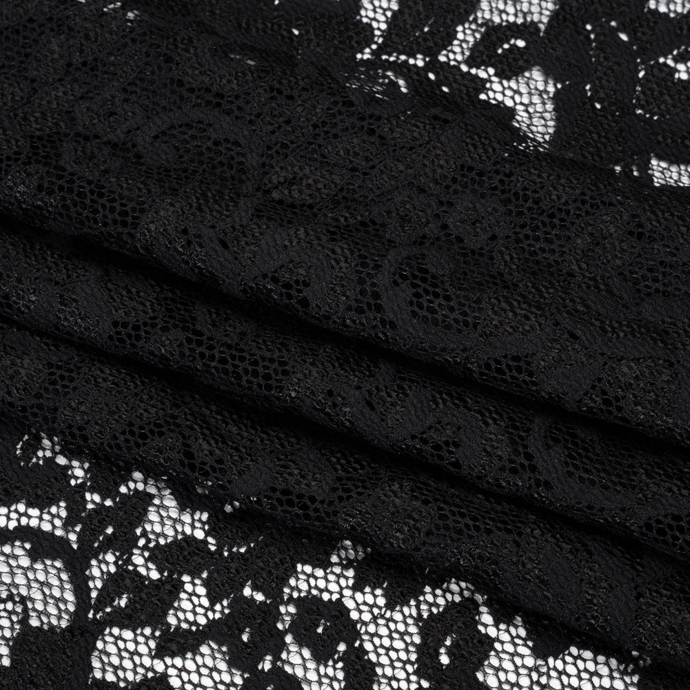 Stretch Raschel Lace with Finished Scalloped Edges - Luminous Black Flowers, Leaves and Swirls - Crina Collection - Folded